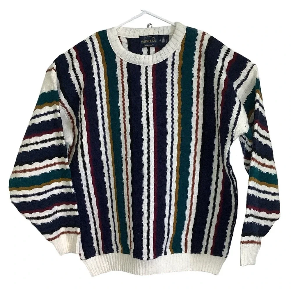 Vintage Mens XL Striped Knit Sweater Retro 90s Colorblock Crewneck Pullover